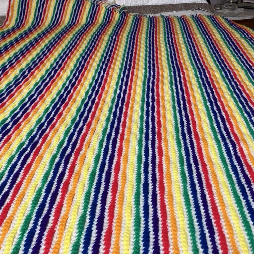 Vtg Handmade Rainbow Crochet Afghan Throw Blanket Reversible Approx 45 X 54